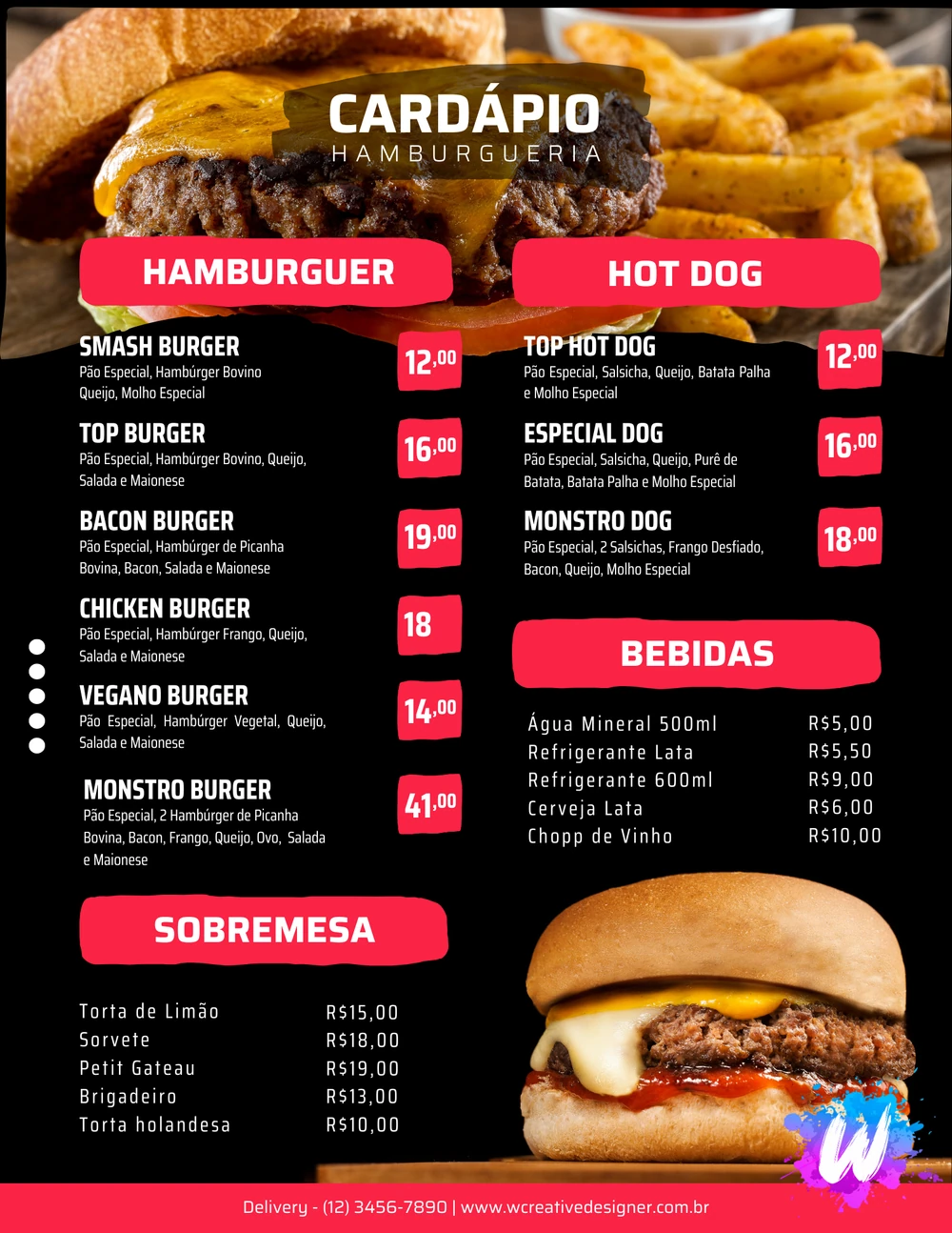 Projeto de cardápio criado pela W Creative Designer